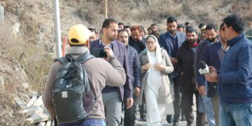 Dr Darakhshan Andrabi inspects ongoing construction works at the shrine of Hazrat Sakhi Zainuddin Wali (at Aishmuqam today